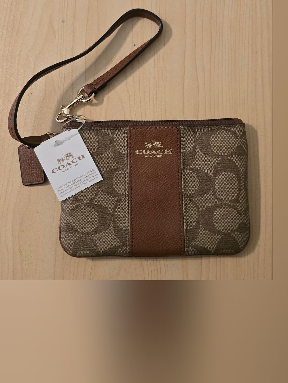Coach Brown Signature Canvas Wristlet with Leather Trim